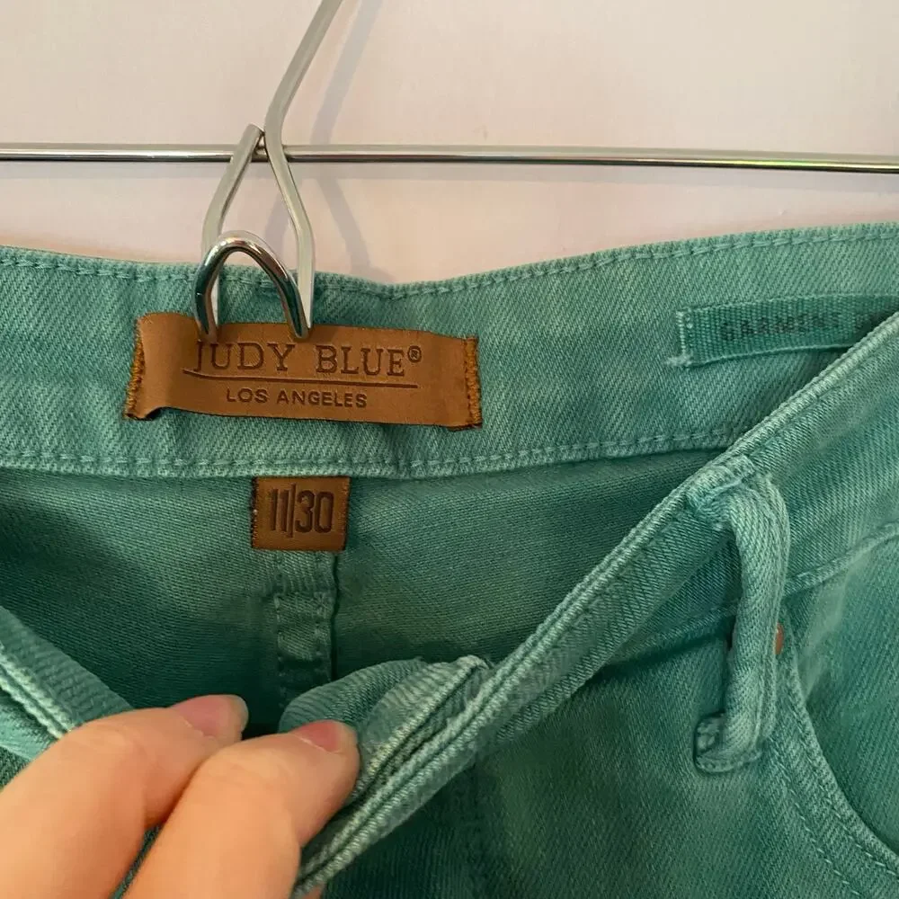 Judy Blue Teal Green Garment Dyed Bootcut Frayed Jeans Women's size 11 / 30 - Picture 2 of 11
